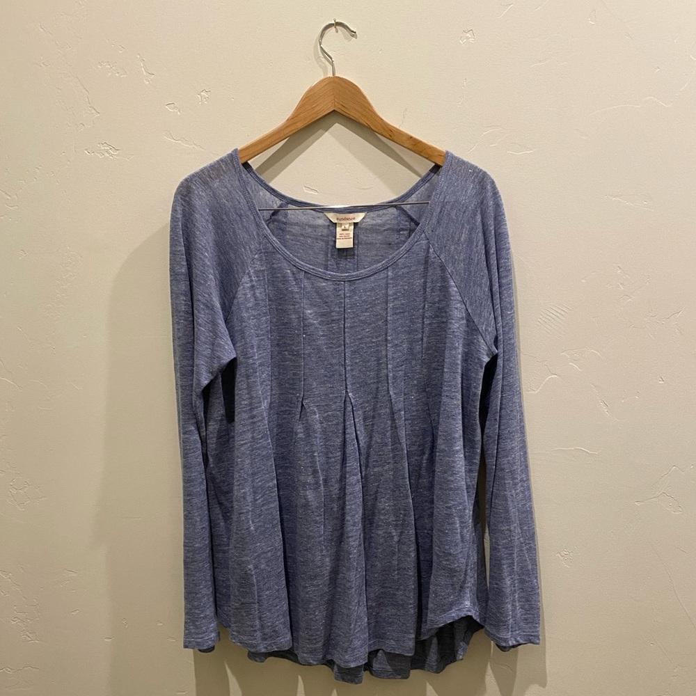 Sundance Linen Slub Top Size L Blue Long Sleeve Pleated Scoop Neck